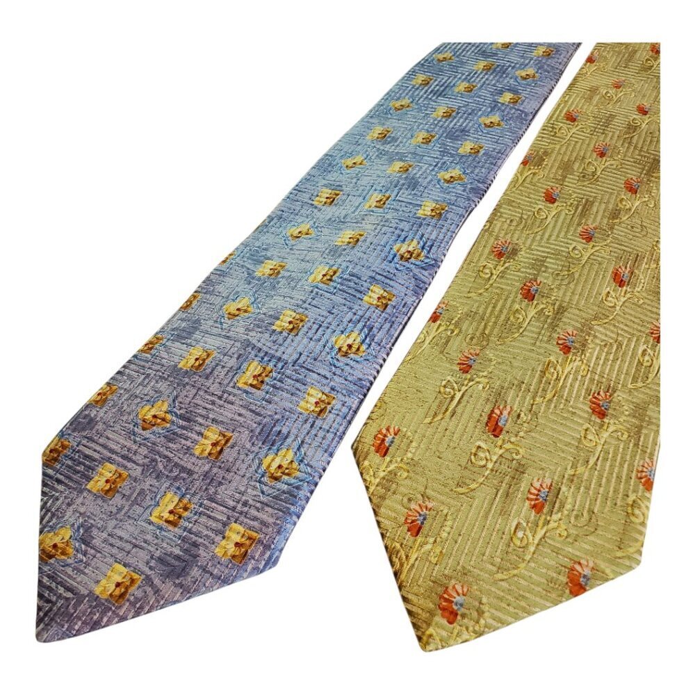 Ermenegildo Zegna 2 Luxury Silk Ties Elegant Floral &Geometric Pattern Blue Gold - Picture 2 of 9